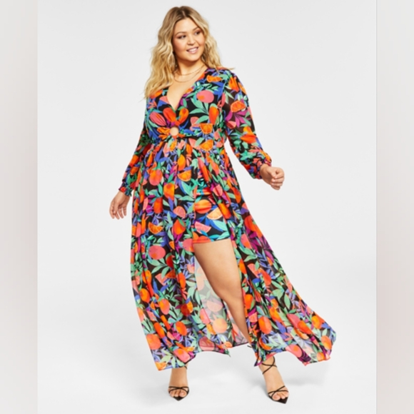 NWT - 3X - TROPICAL FRUIT PRINT - Nina Parker - 2-Pc. Dress & Shorts Set - Picture 1 of 3